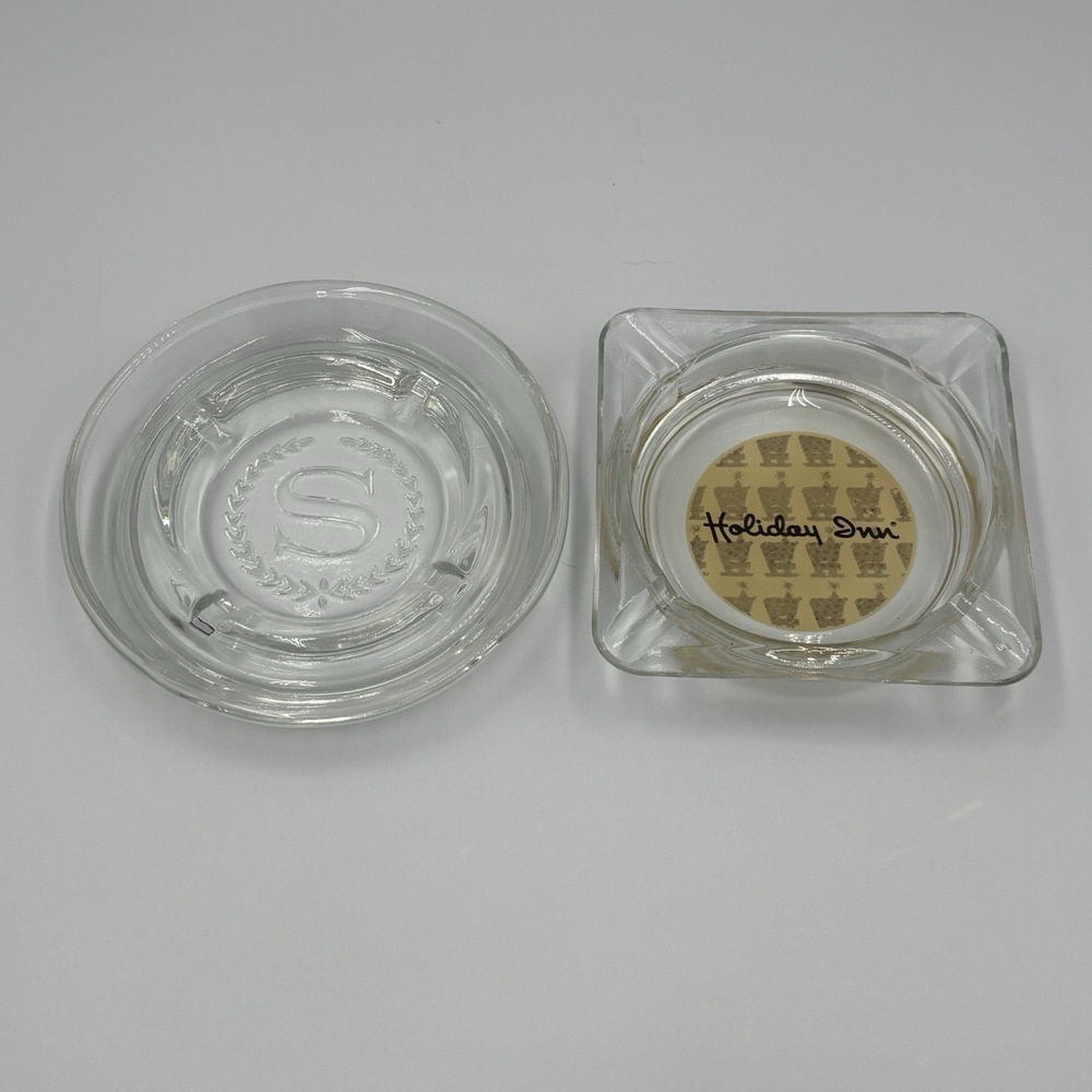 Vintage Hotel Ashtrays Sheraton‎ & Holiday Inn Glass Ashtrays Lot Of 2 Man Cave